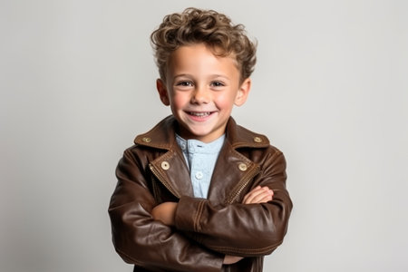 Little boy with curly hair in a brown jacket on a gray backgroundの素材