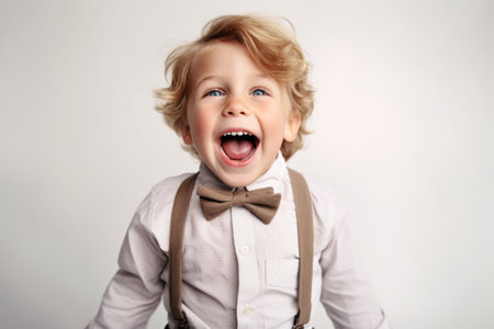 Closeup portrait of a cute little boy in suspenders and bow tieの素材