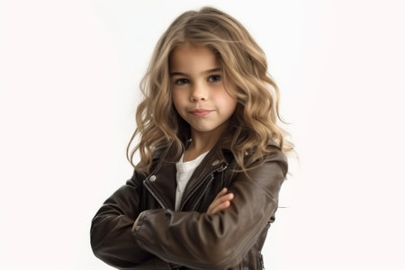 Cute little girl with long blonde curly hair in brown leather jacket on white backgroundの素材