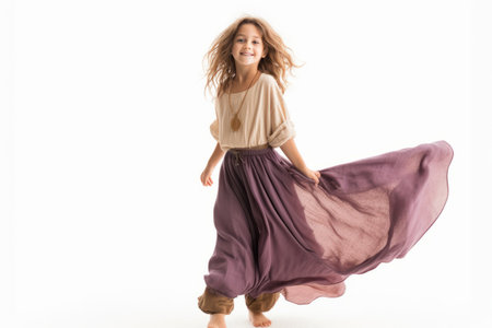 Little girl in long skirt dancing and smiling isolated on a white backgroundの素材