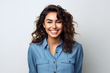 Portrait of a beautiful young woman with long curly hair smiling at cameraの素材