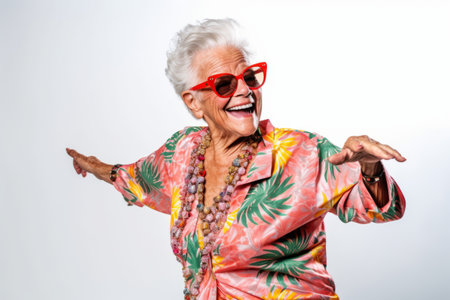 Portrait of a beautiful senior woman in sunglasses on a white backgroundの素材
