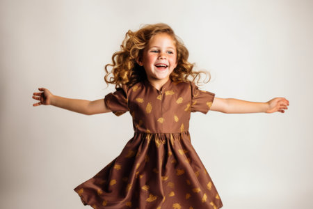Cute little girl with curly hair in brown dress on white backgroundの素材
