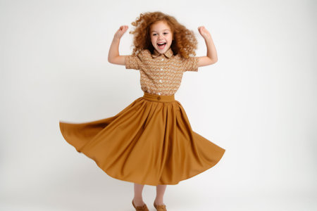A little girl in a brown dress is jumping on a white backgroundの素材