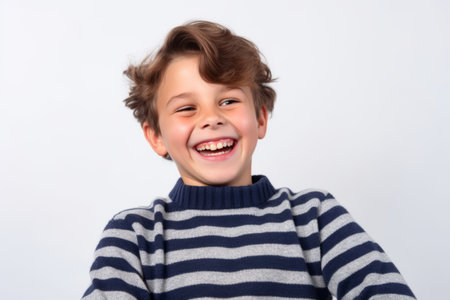 Portrait of a smiling little boy in striped pullover on white backgroundの素材