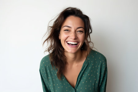 Close up portrait of a beautiful young woman laughing and looking at cameraの素材