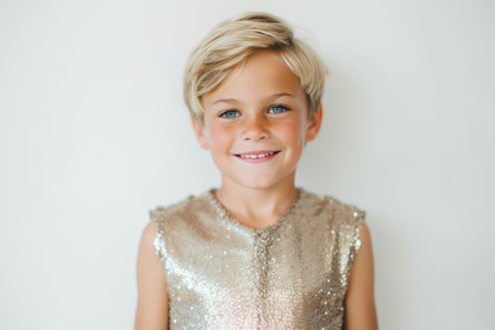 Portrait of a cute little boy in a shiny dress on a white backgroundの素材