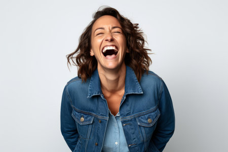 Portrait of a young woman laughing with closed eyes on white backgroundの素材
