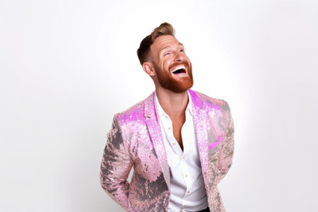 Portrait of a happy young man in a pink jacket on a white backgroundの素材