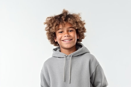 Portrait of a smiling afro-american boy in a hoodie on a white backgroundの素材