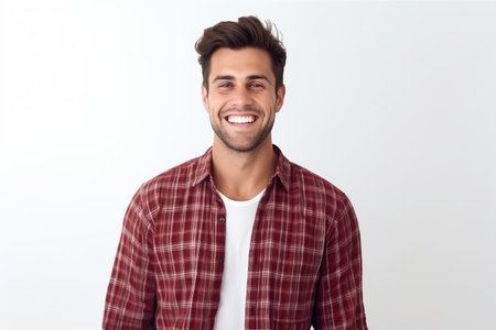 Handsome young man in checkered shirt looking at camera and smiling while standing against white backgroundの素材