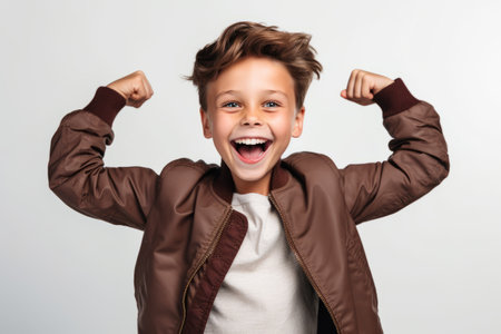 child boy that is wearing a trendy bomber jacket against a white backgroundの素材