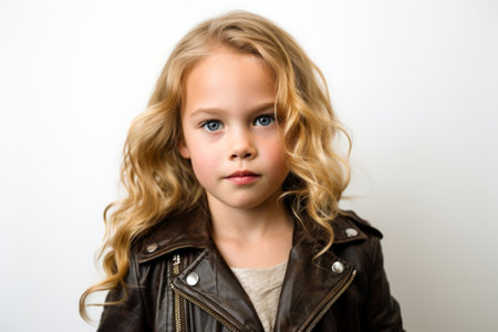 child girl that is wearing a retro leather jacket against a white backgroundの素材