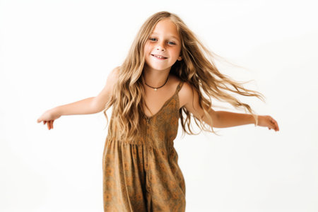 child girl that is wearing a flowy bohemian jumpsuit against a white backgroundの素材