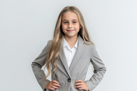 child girl that is wearing a chic pantsuit against a white backgroundの素材