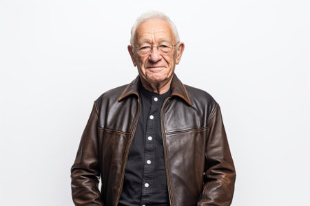 man in his 90s that is wearing a trendy faux leather jacket against a white backgroundの素材