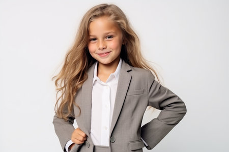 child girl that is wearing a stylish pantsuit against a white backgroundの素材