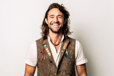 Portrait of a handsome hippie man with long curly hair smilingの素材