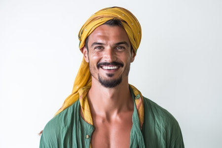 Portrait of handsome Indian man wearing yellow turban against white backgroundの素材