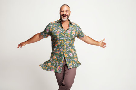Full length portrait of a happy mature man dancing isolated on a white backgroundの素材