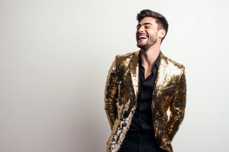 Elegant young handsome man in golden jacket. Studio fashion portrait.の素材