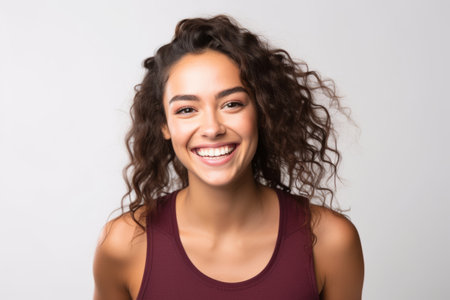 Portrait of a beautiful young woman with curly hair smiling at the cameraの素材