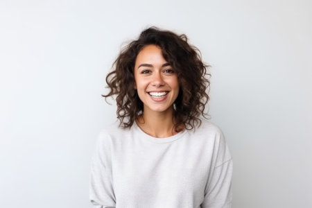 Portrait of a smiling young woman with curly hair isolated on a white backgroundの素材