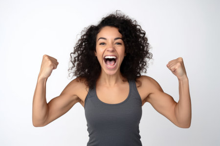Portrait of a happy young latin woman celebrating success isolated on a white backgroundの素材
