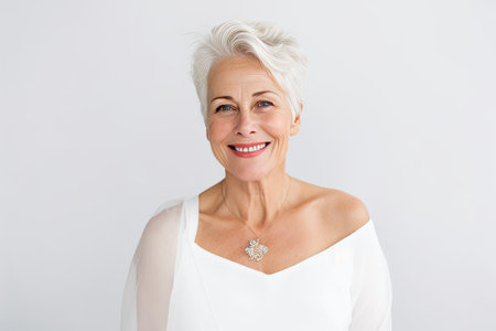 Portrait of a happy senior woman smiling at the camera over white backgroundの素材