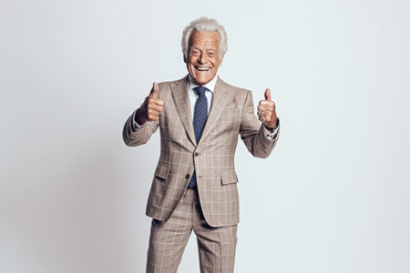Portrait of happy senior businessman showing thumbs up isolated on a white backgroundの素材