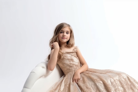Little girl in a beautiful dress sitting in a chair on a white backgroundの素材