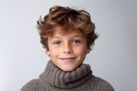 Portrait of a cute little boy with blond hair and blue eyes in a gray sweater on a white backgroundの素材
