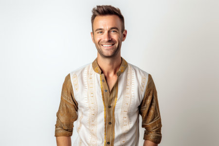 Portrait of a handsome young man smiling on a white background.の素材