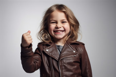Portrait of a smiling little girl in brown leather jacket on gray backgroundの素材