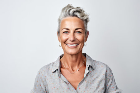 Portrait of a happy mature woman smiling at camera over white backgroundの素材