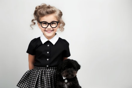 Little girl in school uniform and eyeglasses holding black poodleの素材