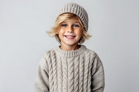 Portrait of a cute little boy in a warm sweater and hatの素材