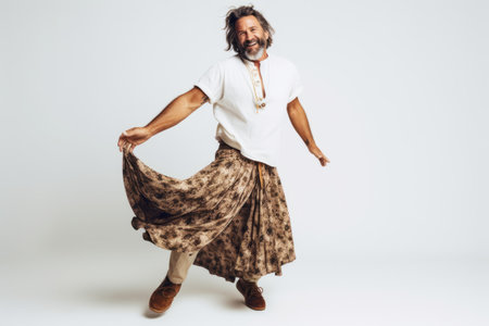 Full length portrait of a happy man dancing isolated on a white backgroundの素材