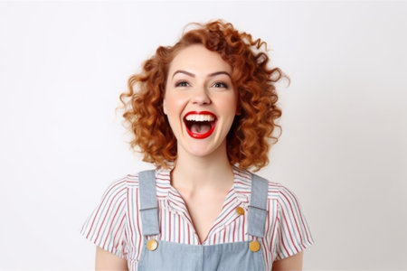Portrait of a beautiful young woman with red curly hair on a white backgroundの素材