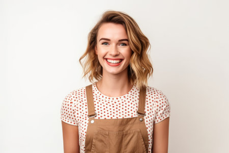 Portrait of a smiling young woman in apron on white backgroundの素材