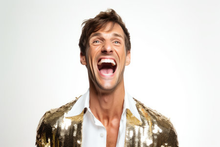 Portrait of a young man in a golden jacket laughing on a white backgroundの素材