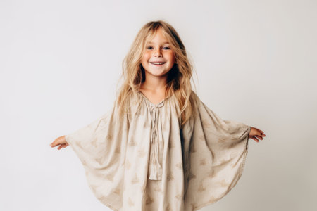 Portrait of a cute little girl with long blonde hair on a white backgroundの素材