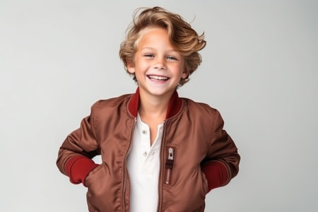 Portrait of a smiling little boy in a brown jacket on a gray backgroundの素材