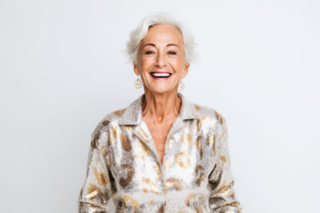 Portrait of a smiling senior woman in pajamas isolated on a white backgroundの素材