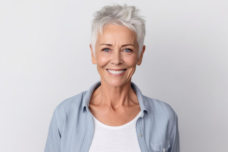 Portrait of senior woman smiling at camera while standing against white backgroundの素材