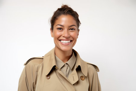 Portrait of a beautiful young woman in trench coat smiling against white backgroundの素材