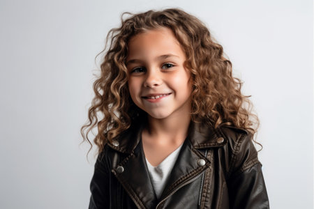 Portrait of a cute little girl with curly hair in a leather jacket on a white backgroundの素材