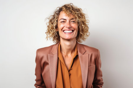 Portrait of a young business woman with curly hair laughing on a white backgroundの素材