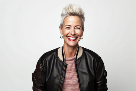 Portrait of a happy senior woman with short blonde hair smiling over white backgroundの素材