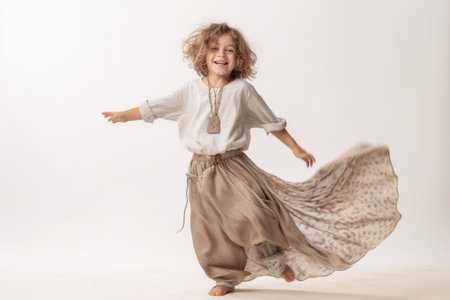 Little girl jumping in the studio on a white background. The child is dressed in a white shirt and brown pants.の素材